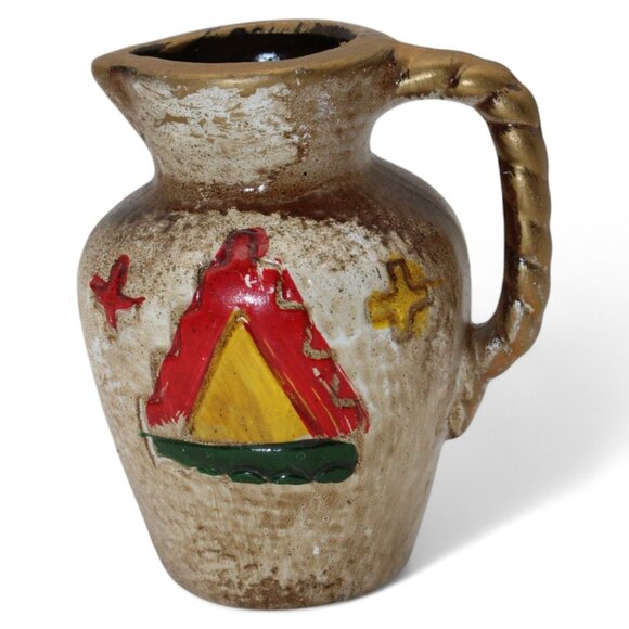 Hand-Painted Vintage Ceramic Pitcher With Vibrant Tribal Design - Picture 6 of 7